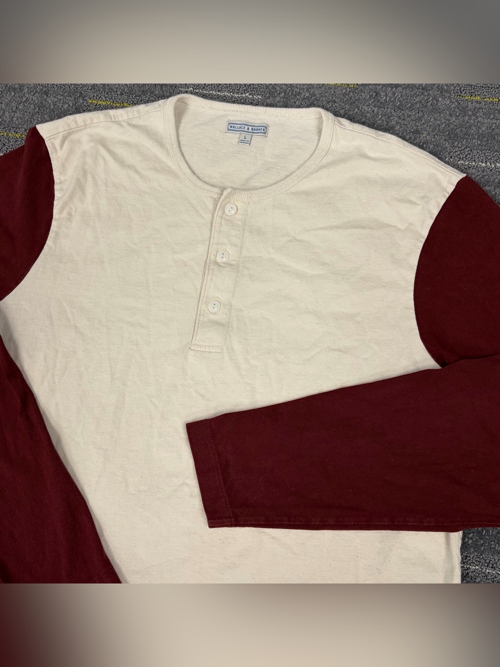 Wallace & Barnes Henley Long Sleeve Baseball Shirt Size L Cream/Burgundy J Crew